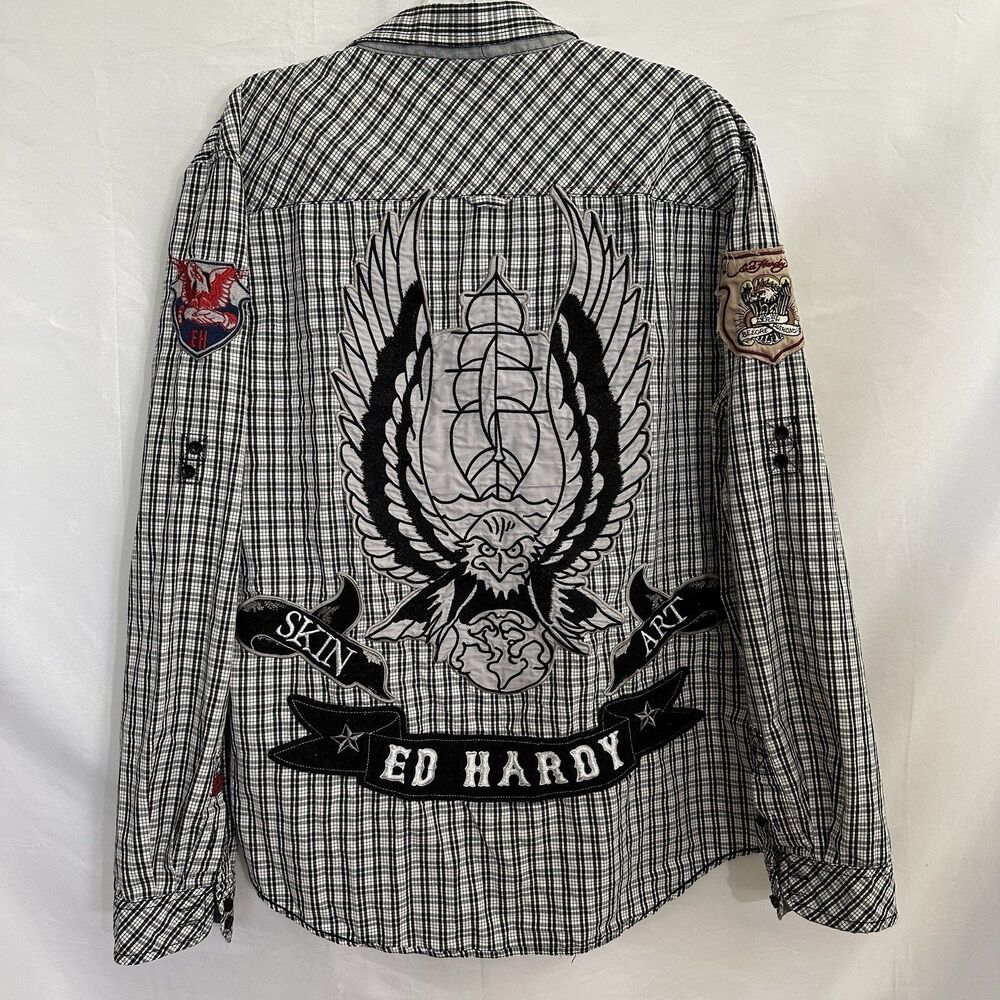Vintage Ed Hardy Long Sleeve Button Shirt Plaid Y2K Eagle Embroidered